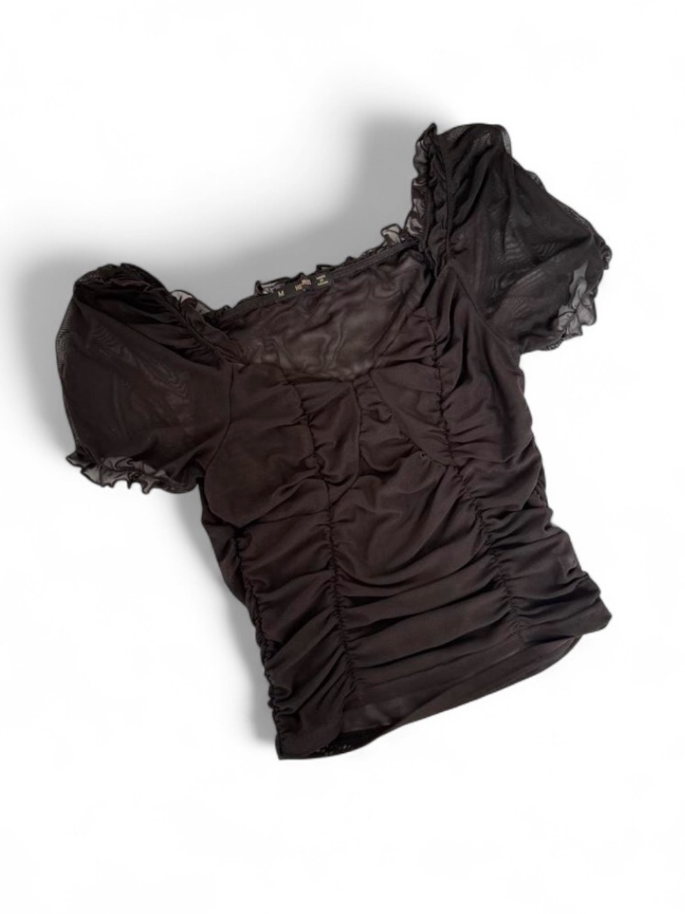 Black Ruched Sheer Top with Puff Sleeves